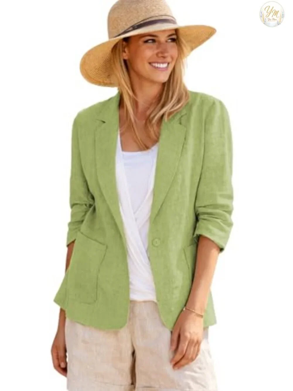 Women's Linen Blazer - Lightweight 3/4 Sleeve Ruched, Notch Lapel, Pockets